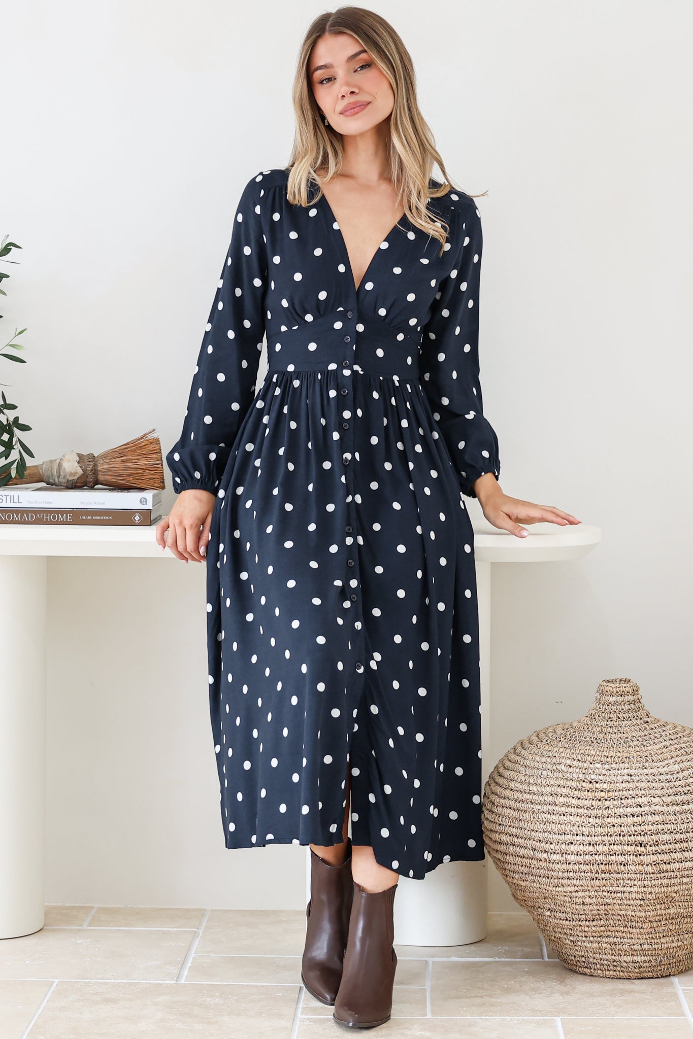 Soho Midi Dress - V Neck Button Down Tiered Dress with Pockets in Parisian Polka Print Navy