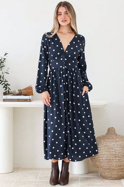 Soho Midi Dress - V Neck Button Down Tiered Dress with Pockets in Parisian Polka Print Navy