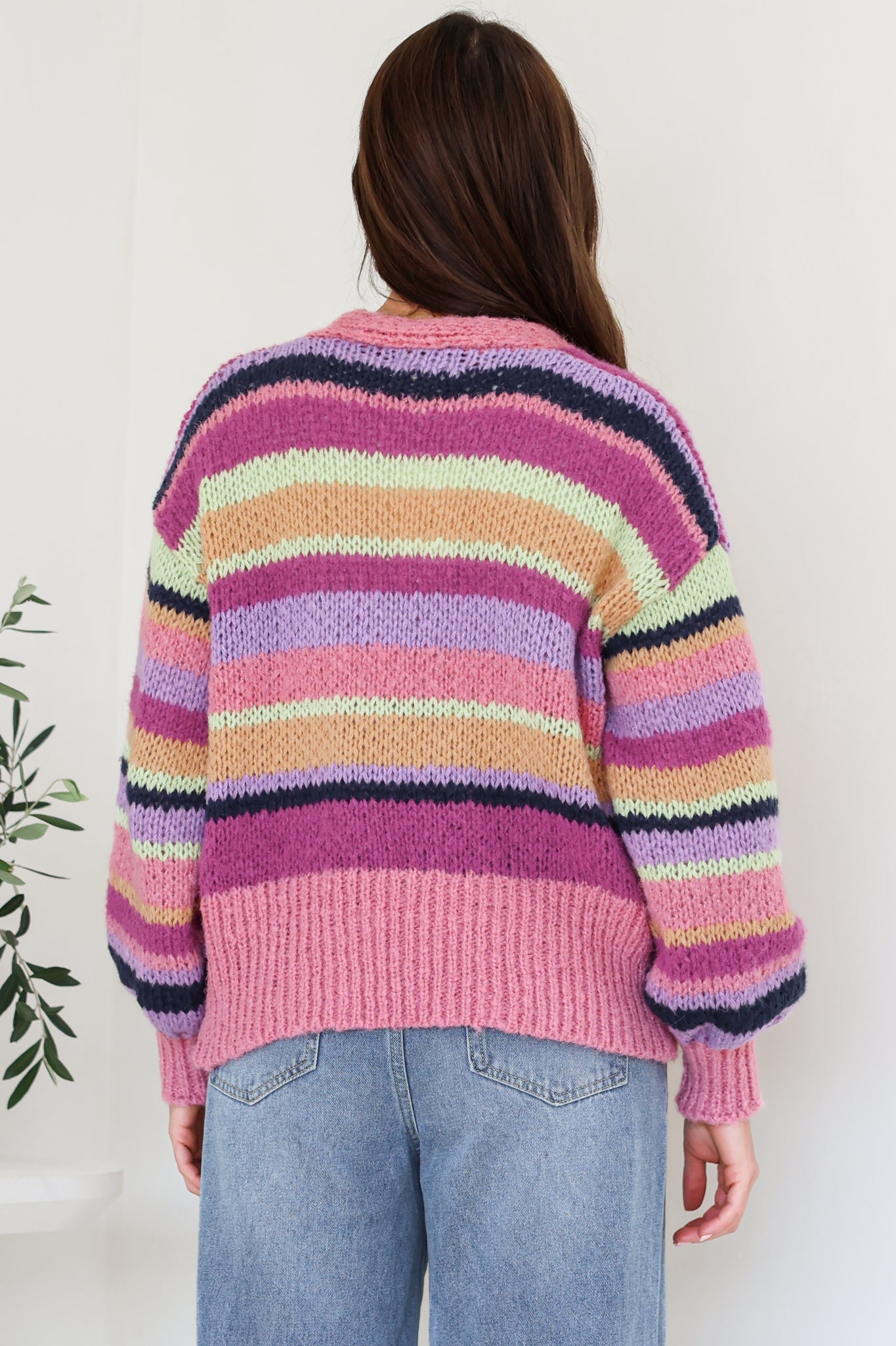 Soren Cardigan - Open Front Striped Knit with Rib Knit Trim in Multicoloured
