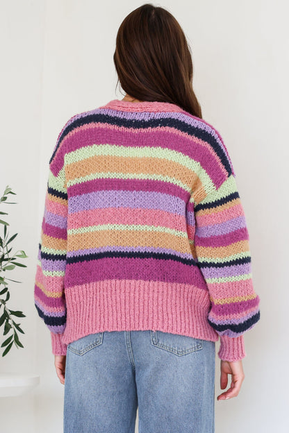 Soren Cardigan - Open Front Striped Knit with Rib Knit Trim in Multicoloured