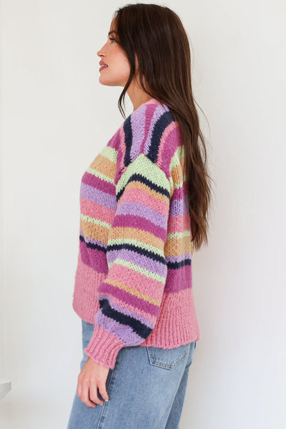 Soren Cardigan - Open Front Striped Knit with Rib Knit Trim in Multicoloured