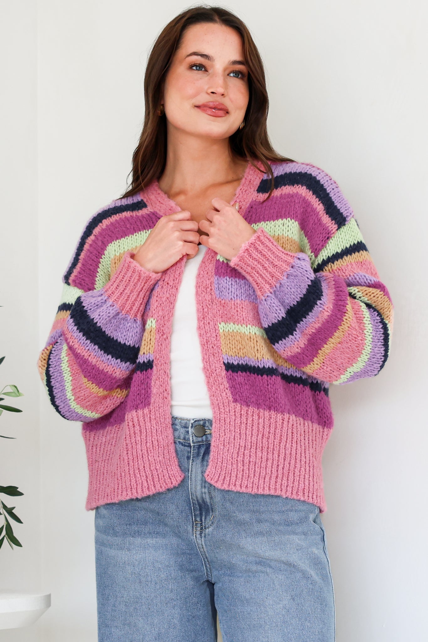Soren Cardigan - Open Front Striped Knit with Rib Knit Trim in Multicoloured