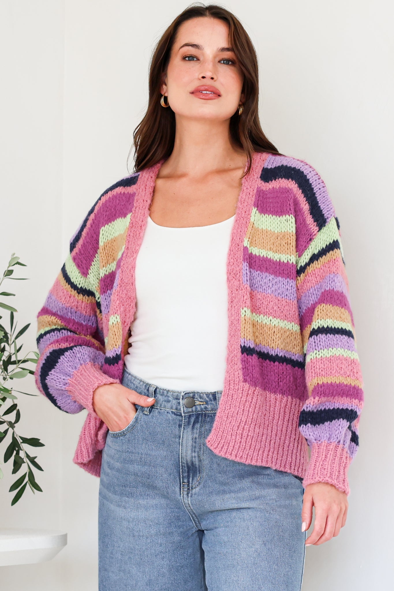 Soren Cardigan - Open Front Striped Knit with Rib Knit Trim in Multicoloured