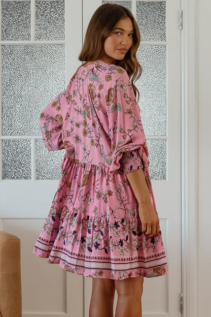 JAASE - Soul Mini Dress: Mandarin Collar V Neck Long Sleeve Smock Dress in the Elara Print