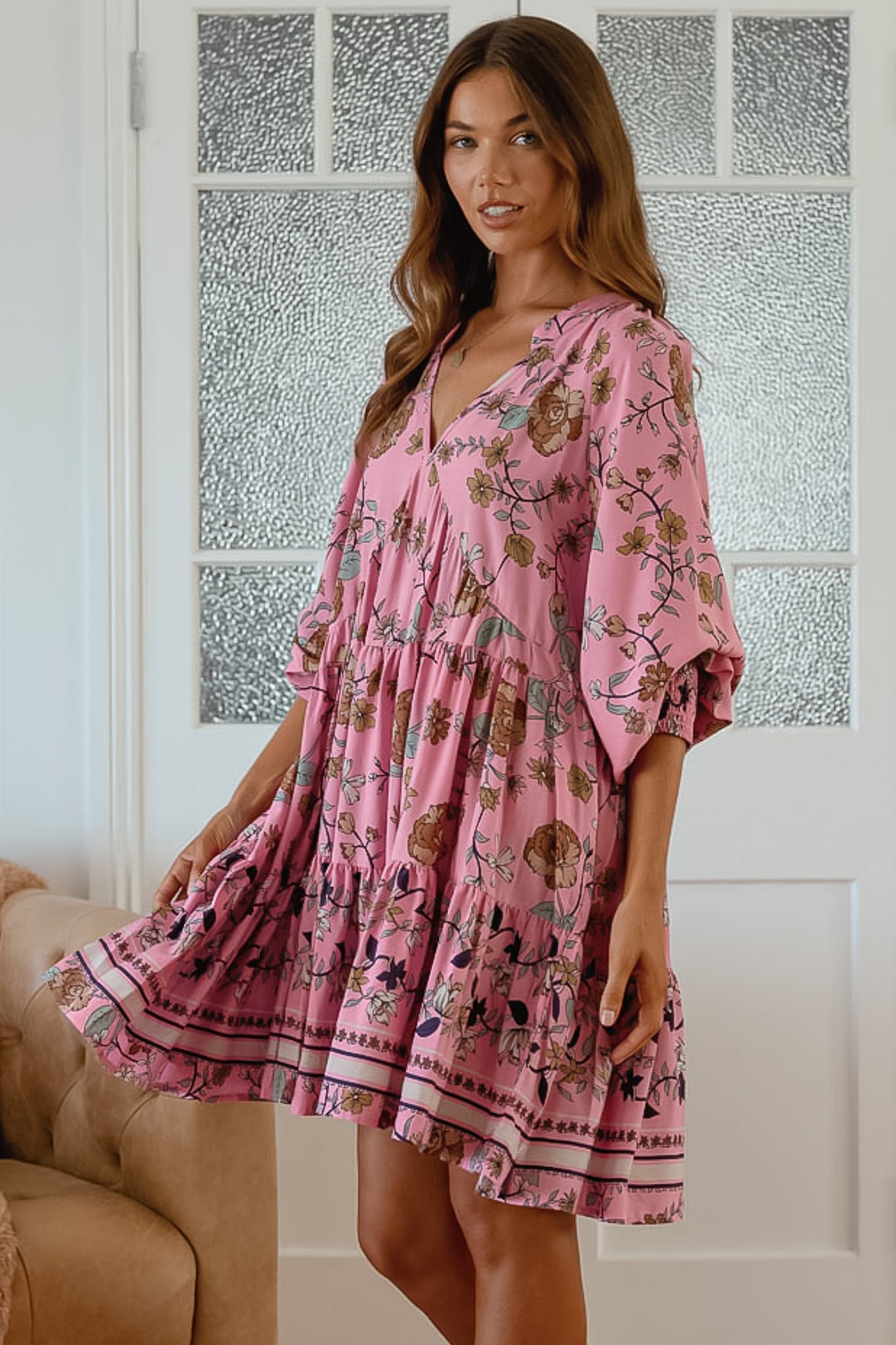 JAASE - Soul Mini Dress: Mandarin Collar V Neck Long Sleeve Smock Dress in the Elara Print