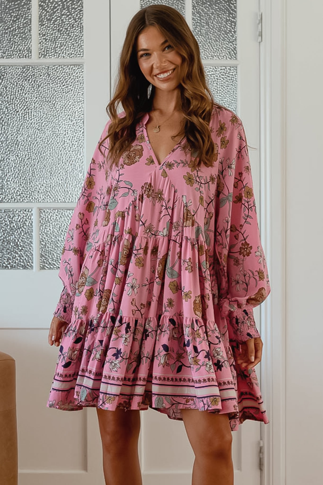 JAASE - Soul Mini Dress: Mandarin Collar V Neck Long Sleeve Smock Dress in the Elara Print