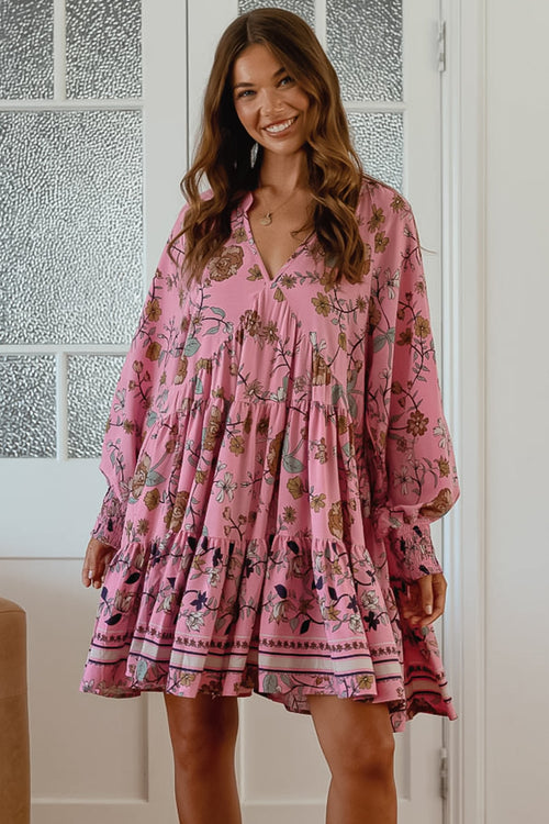 JAASE - Soul Mini Dress: Mandarin Collar V Neck Long Sleeve Smock Dress in the Elara Print