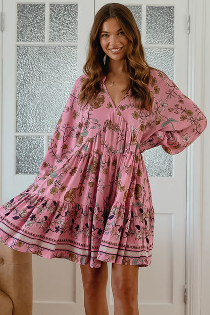 JAASE - Soul Mini Dress: Mandarin Collar V Neck Long Sleeve Smock Dress in the Elara Print