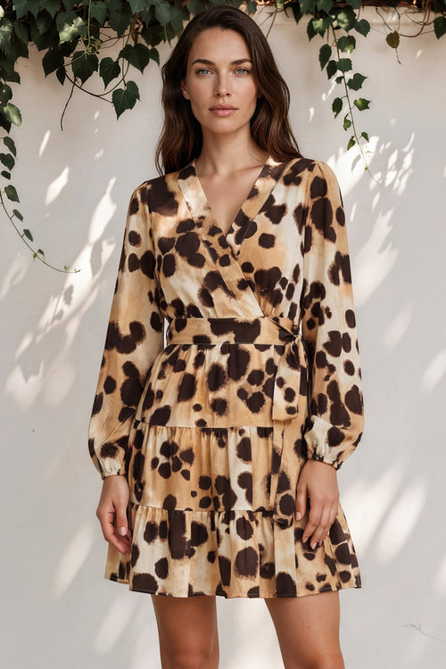 Sybil Mini Dress - Wrap A Line Dress with Long Balloon Sleeves in Leopard Print