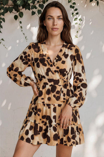 Sybil Mini Dress - Wrap A Line Dress with Long Balloon Sleeves in Leopard Print