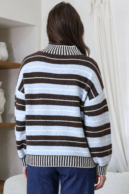 Sylvan Jumper - Mock Neck Striped Ribbed Hem Knit in Blue/Chocolate
