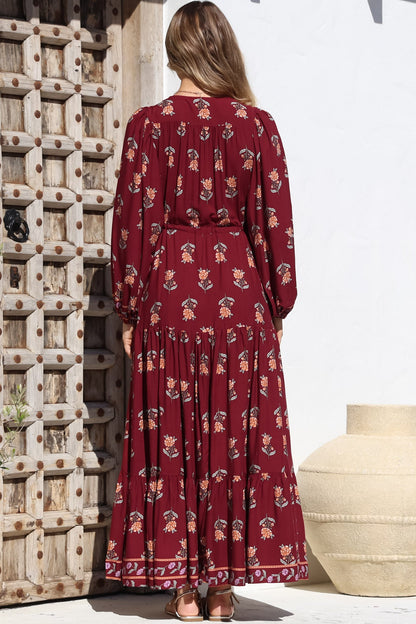 JAASE - Teresa Maxi Dress: A Line Dress with Long Balloon Sleeves in Grenache Print