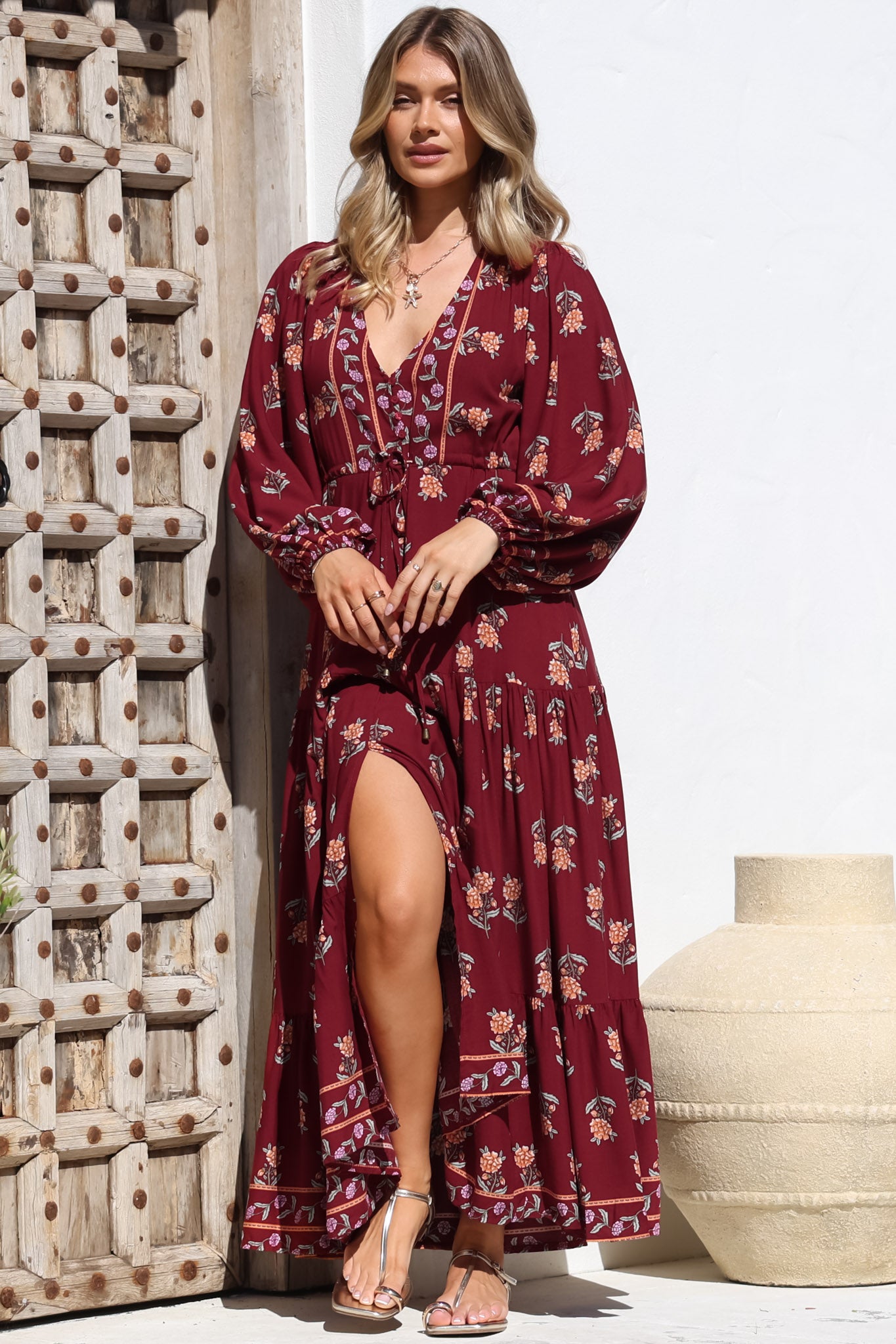 JAASE - Teresa Maxi Dress: A Line Dress with Long Balloon Sleeves in Grenache Print
