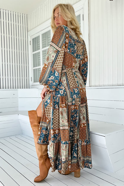 JAASE - Teresa Maxi Dress: A Line Dress with Long Balloon Sleeves in Izabelle Print