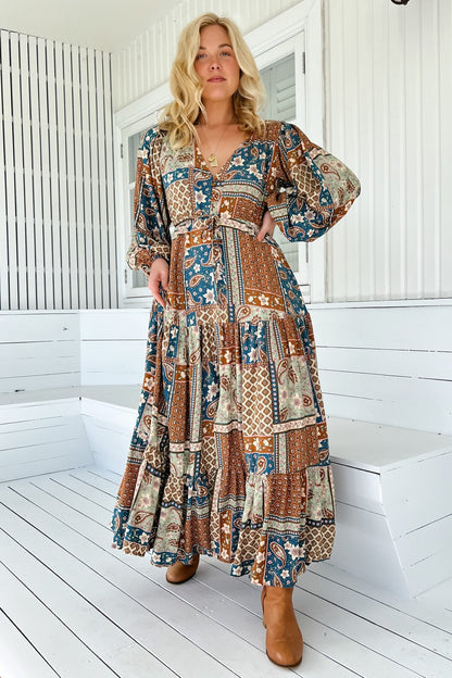 JAASE - Teresa Maxi Dress: A Line Dress with Long Balloon Sleeves in Izabelle Print