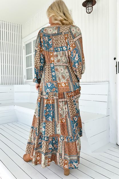 JAASE - Teresa Maxi Dress: A Line Dress with Long Balloon Sleeves in Izabelle Print