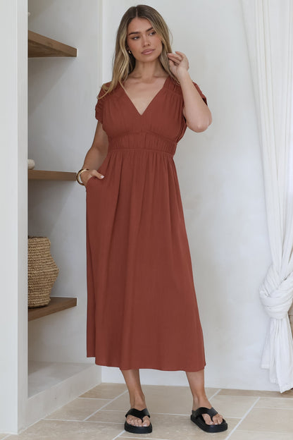 Torin Midi Dress - Gathered and Piping Detailed A-Line Dress with a V-Neckline in Rust