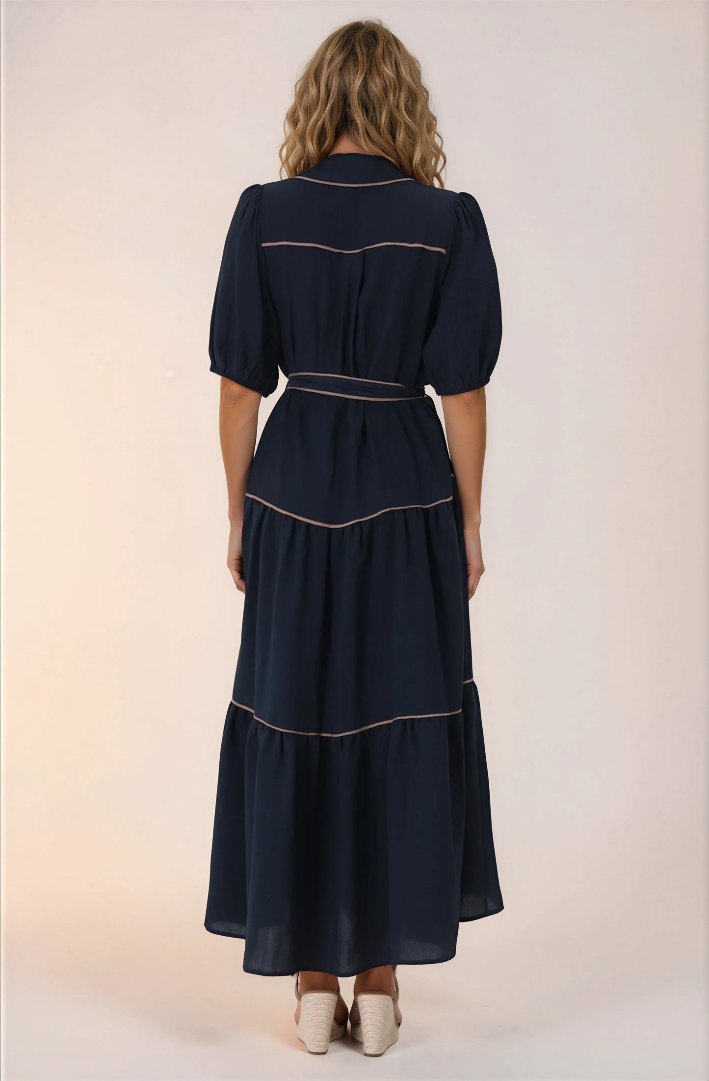 Valencia Maxi Dress - Collared Tiered Button Down Dress with Contrast Trim in Navy