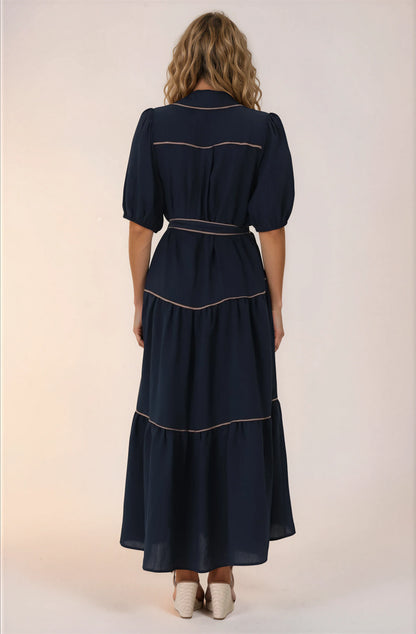 Valencia Maxi Dress - Collared Tiered Button Down Dress with Contrast Trim in Navy