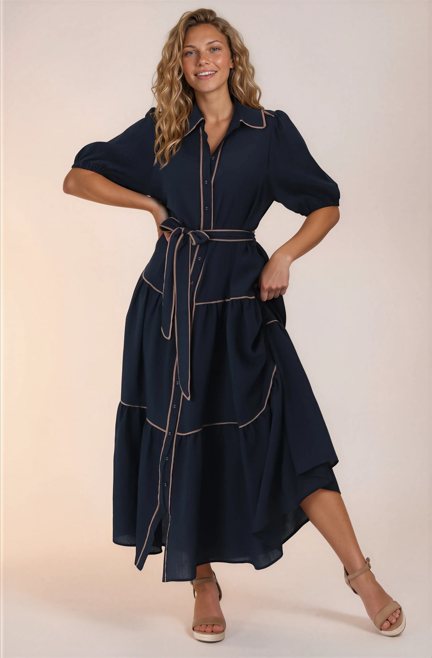 Valencia Maxi Dress - Collared Tiered Button Down Dress with Contrast Trim in Navy