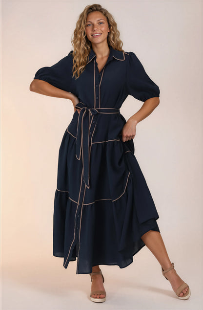 Valencia Maxi Dress - Collared Tiered Button Down Dress with Contrast Trim in Navy