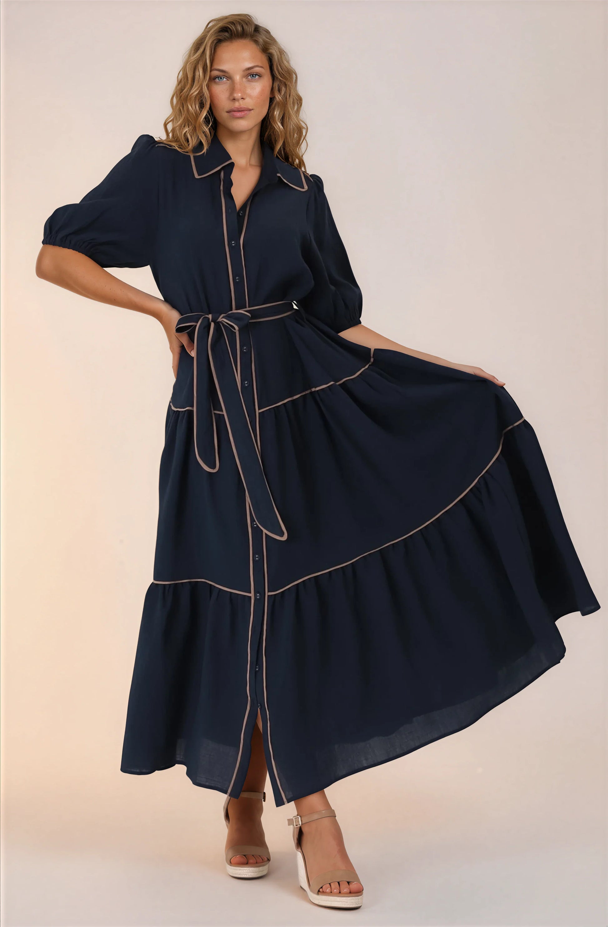 Valencia Maxi Dress - Collared Tiered Button Down Dress with Contrast Trim in Navy
