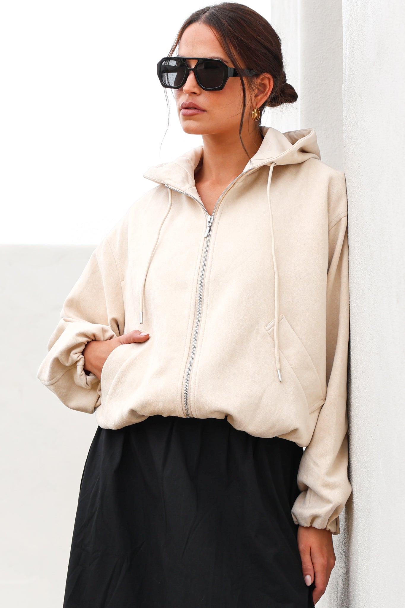 Vector Jacket - Faux Suede Zipper Closure Bomber Jacket with Hoodie in Cream
