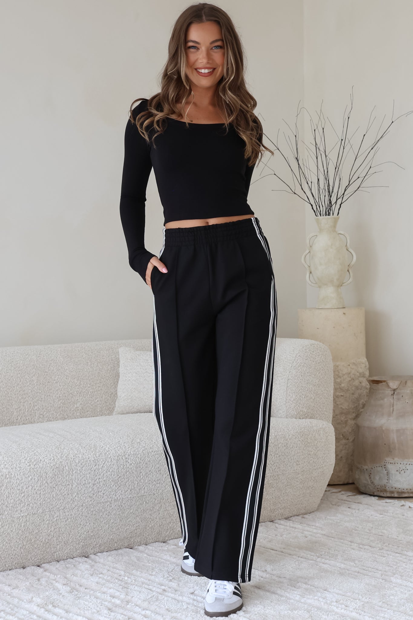 Victoria Pants - High Waisted Sports Stripe Side Seams in Black