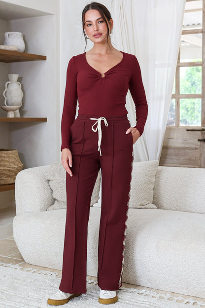 Victoria Pants - High Waisted Sports Heart Stripe Wide Leg Pants in Merlot