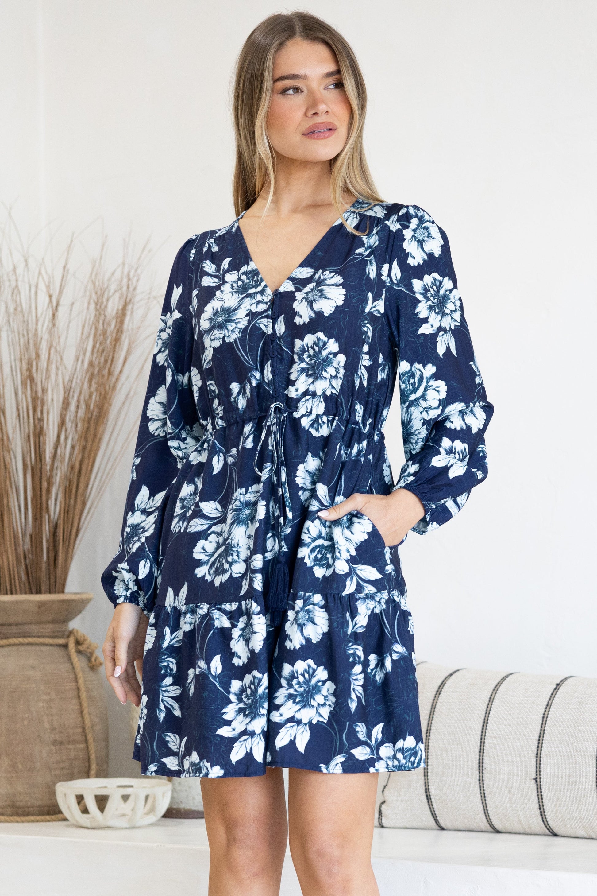 Villia Mini Dress - V Neck Buttoned Bodice Dress with Pull Tie Waist and Pockets in Minka Print Navy