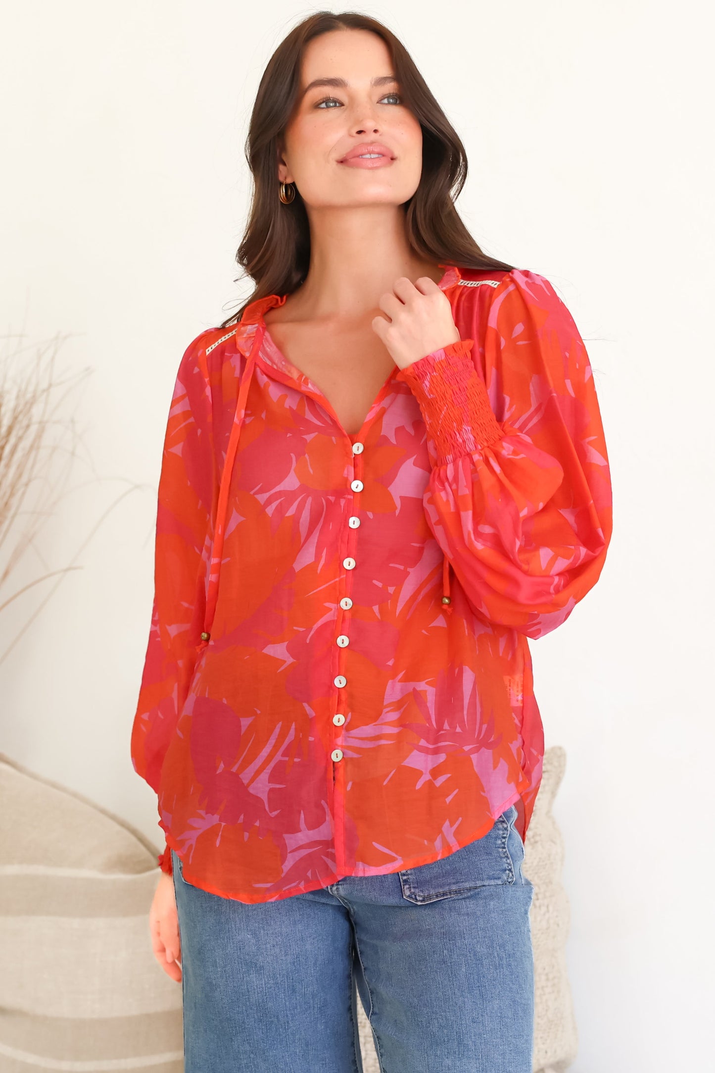 Violet Blouse - Frill Collar Button Down Balloon Sleeve Blouse In Vallie Print
