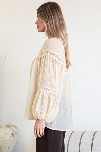 Vivianne Blouse - V Neck Lace Detailed Button Down with Balloon Sleeves in Cream