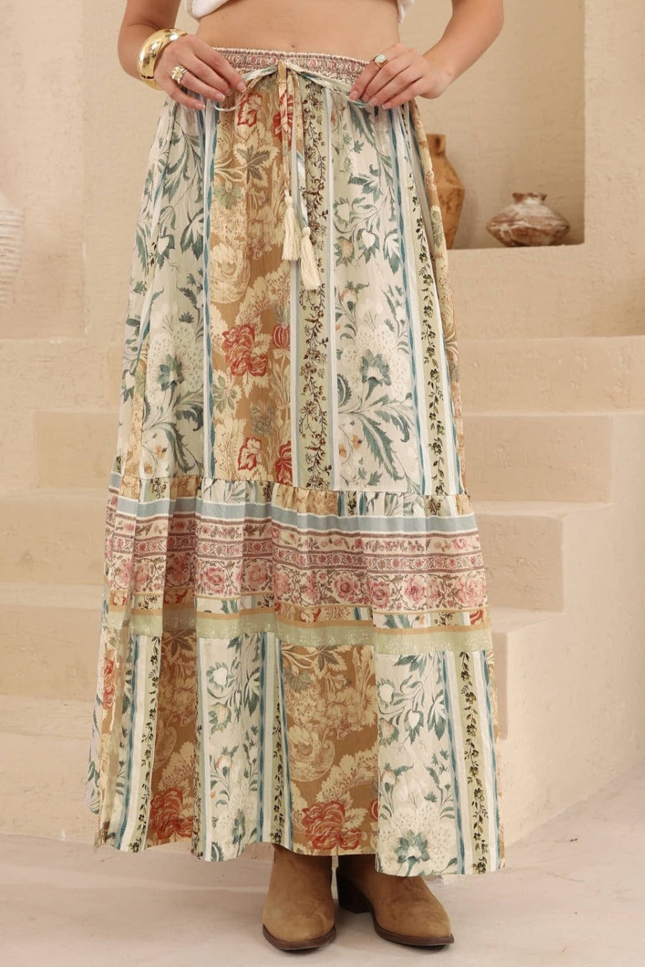 Zia Maxi Skirt - High Waisted Skirt with Tassel Waist Tie and Front Splits in Lyla Print