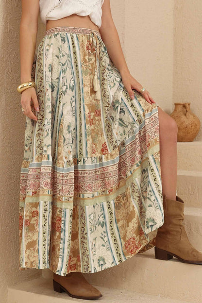 Zia Maxi Skirt - High Waisted Skirt with Tassel Waist Tie and Front Splits in Lyla Print