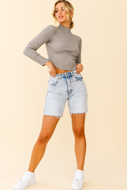 Tina Long Sleeve Ribbed Turtleneck Top Grey Marle