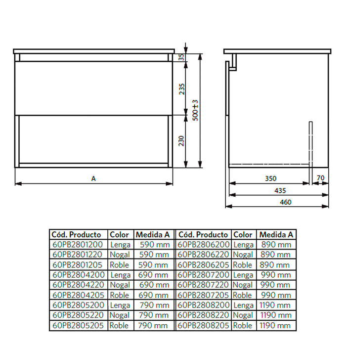 Mueble Vanitorio Belle Nogal + Cubierta 60x46x50 cm