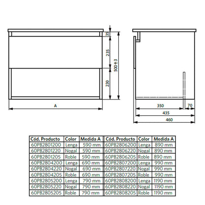 Mueble Vanitorio Belle Nogal + Cubierta 60x46x50 cm