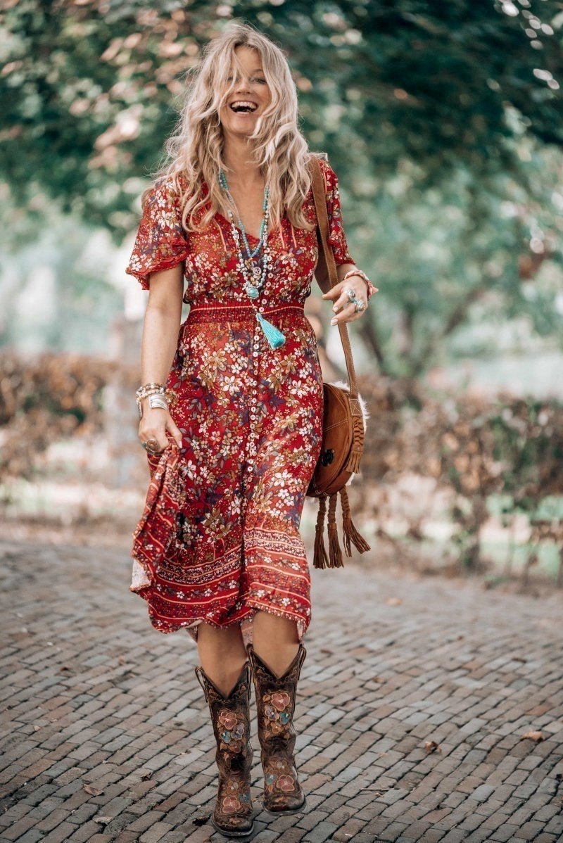 London Maxi Dress - Elasticated Waist Button Detail High Low Dress with Flutter Cap Sleeves in Floral Print
