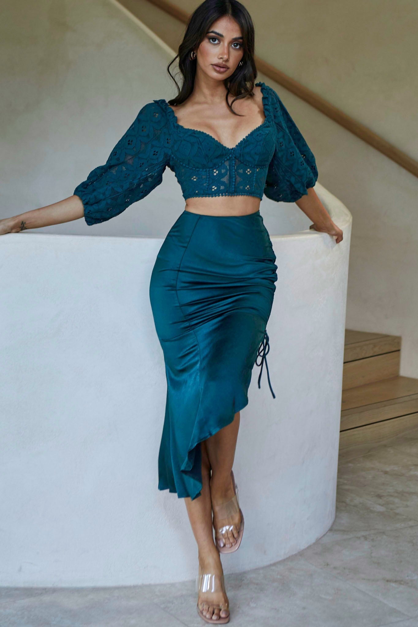 Talk About Me Puff Half Sleeve Circle Trim Crop Top Forest Green